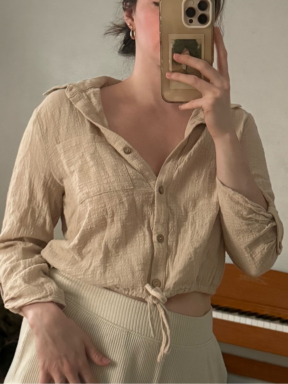 Timing Beige Textured Button-Front Drawstring Shirt